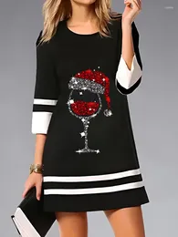Casual Dresses 2024 Spring Summer Women Dress Solid Color Christmas Print O-neck Three Quarter Sleeve Elegant Chic Party