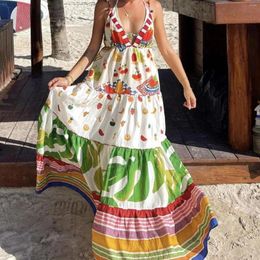Casual Dresses Women Floral Spliced Dress Sleeveless Spaghetti Strap Deep V-Neck Backless Tropical Beach Style