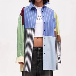 Women's Blouses Shirts 2024 Summer Contrast Patchwork Striped Long Sleeved Top Korean Fashion Pure Cotton For Lady Thin Coat