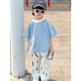 Clothing Sets Boys' Solf Denim T-shirt Pants Two Pieces Suits Korea Fashion Streetwear Spring Summer Casual Perforated Graffiti Set
