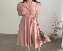 Women Summer Linen Dress Retro Shirt Bandage Waist Laceup Apricot Pink Robe Loose Clothing Chic 16W1038 2105105406316