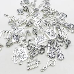 Mix 60pcs Antique Silvery Musical Instrument Notes Charms Pendants For Jewellery Making Guitar Piano Violin Findings