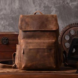 Backpack Crazy Vintage Horse Genuine Leather Men's Bag Mochila Male Bagpack Hiking Rucksack School Daypack Laptop Case