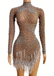 Rhines Pearls White Fringe High Neck Mesh Dress Bar Birthday Celebrate Dress Women Dance Outfit X05217163626