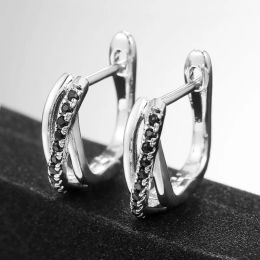 Huitan Cross Small Hoop Earring for Women Pave Black Stone Delicate Earring Gift High Quality Statement Earring Jewelry