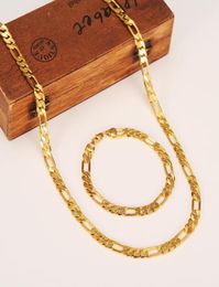 Whole Classic Figaro Cuban Link Chain Necklace Bracelet Sets 14K Real Solid Gold Filled Copper Fashion Men Women039s Jewelr9895112