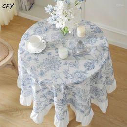 Table Cloth French Blue Embroidered Waterproof Oil Resistant Skirt Hem With Lotus Leaves Round Tablecloth Cover Chicken