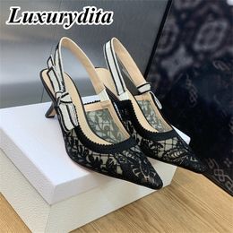 Luxury Womens High Heel Sandal Casual Lace Fashion 95mm 65mm 13mm Hight Quality Embroidered Muller Flat Shoes real Leather sole Designer Silk with box XY125