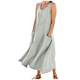 Casual Dresses Women's Fashion Solid Colour Sleeveless Cotton Linen Pocket Dress Spring Summer Short Sleeve Women Floral