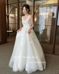 OLOEY Chic Lace Applique Tulle A Line Korea Wedding Dresses V Neck Floor Length Corset Back Bride Gowns Veil Photo shoot Church