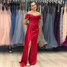 Party Dresses Eightale Simple Evening Cap Sleeves Pleats Red Prom Gown Elegant Satin Side Slit Backless Formal Wedding Dress