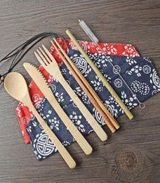 6 PcsSet Bamboo tableware dinnerware Flatware Portable Easy Carrying Set Straw Cutlery With Bag And Brush Outdoor Camping3177798