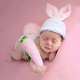 Newborn Photography Props Clothes Crochet Knitted Baby Romper+Bear Ear Hat Overalls Set Boy Girl Studio Photo Shooting Costume