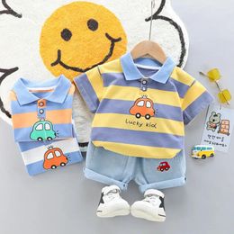 Clothing Sets High-Quality Baby Boys Striped Car Polo Shirt Handsome Denim Shorts 2-Piece Set Kids Girls Clothes Suits Summer