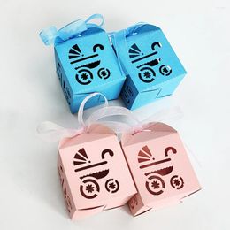 Gift Wrap 10Pcs Hollow Laser Cut Baby Stroller Bule Pink Favours Gifts Candy Boxes With Ribbon Birthday Party Decor Shower