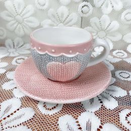 Cups Saucers Pink Cute Ceramic Coffee Cup And Saucer Set Aesthetic French Afternoon Tea Relief Demitasse Canecas Kitchen Accessories