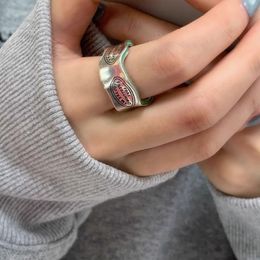 Hot Sell Trendy Love Letter Carving Green Stripe Retro Thai Silver Ladies Ring Propose Jewellery For Women Valentine's Day Gifts