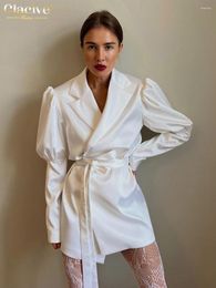 Casual Dresses Clacive Loose White Satin Dress Lady Fashion Lapel Long Sleeve Mini Elegant Classic Lace-Up For Women 2024
