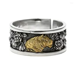 Cluster Rings Vintage Tiger Smelling Rose Ring For Men's Open Size Thai Silver Flower Personalised Fashion Plant Animals Jewellery KOFSAC
