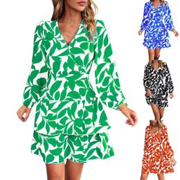 Casual Dresses Fashion Autumn And Winter V Neck Long Sleeve Leaf Printed Women's Womens
