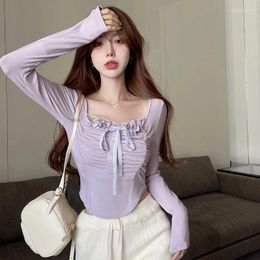 Women's Hoodies Korejepo Sweet Spicy Style Top Lace Exposed Collarbone T-shirt Shows Chest Versatile Slim Korean Long Sleeved Tops Women