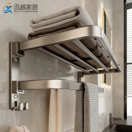 Towel Rack Holder Double Fold Hanger Wall 50-60CM Bathroom Clothes Hanging Grey Aluminium Shower Bar Rail Toilet Storage Shelf