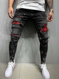 Men's Jeans Mens tight and torn jeans fashionable mesh beggar patches slim fit elastic casual denim pencil pants painted jogging mens Q240525