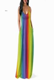Women's Sleepwear Rainbow Print Dress Women Summer V Neck Sleeveless Loose Long Maxi Striped Beachwear Dresses Vestidos Plus Size2185002