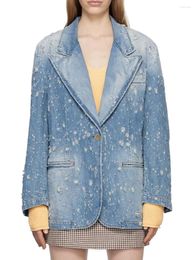 Women's Suits HIGH STREET Est Fashion Designer Jacket Female Perforated Wash Gradual Loose Long Denim Blazer Business Casual