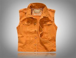 Spring Autumn Mens Vintage Denim Vest Male Orange Sleeveless Jackets Men Rivet Hole Jeans Waistcoats Big Size M5xl Y2011232813400