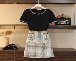 Summer Fashion Runway Tweed Plaid Skirt Suits Two Piece Sets Women Short Sleeve Tshirts Aline Mini Elegant Casual Set Dress6999309