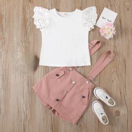Clothing Sets Solid Hollow Out Fashion Baby 2 Piece O Neck White Short Sleeve Kids Tops Button Pocket Casual Overalls Spring Summer Girls