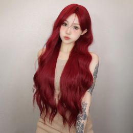 Long Body Wave Wig with Bangs Burgundy Wine Red Colourful Party Wig for Women Natural Daily Cosplay Synthetic Hair Heat Resistant