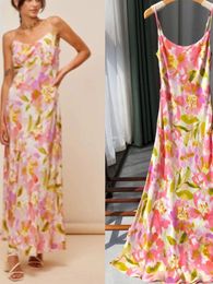 Casual Dresses Summer 2024 Women Silk Slip Dress Floral Print Sexy Sleeveless Elegant Off-shoulder Female Maxi Sling Robe