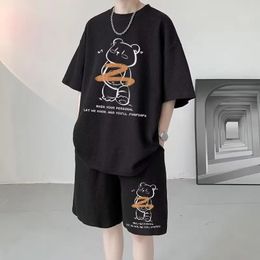 Summer Men Tracksuit Japan Cartoon Streetwear Cool Bear Printed Waffle T Shirts Shorts 2 Piece Set Hip Hop Casual Short Suit 240517
