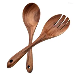 Spoons 2Pcs Wooden Spoon Kitchen Soup Ladle Cooking Serving Long Handle Wood Fork Salad Server Set Tableware