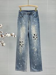 Women's Jeans Ripped Hollow-out Embroidered For Women Summer Thin Denim Trousers 2024 High Waist Loose Rhinestone Wide Leg Pants