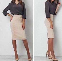 Skirts Sexy Beige Colour Suede Midi Pencil Skirt Women 2022 Fashion Elastic High Waist Office Lady Bodycon Saias3324356