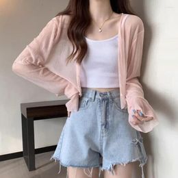 Women's Knits Summer Sunscreen Coat Women Long Sleeve Sweet Beading V-Neck Loose Chiffon Cropped Cardigan Female All-match Cape Ladies Shawl