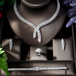 High Quality Zirconia Dubai 4 Piece Luxury Bridal Jewellery Set CZ Qatar Fashion Womens Wedding Necklace and Earrings Sets 240514