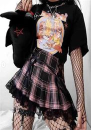 Y2K Women Stripe Black Pink Pleated Skirts Tank Vest Cute Sweet Girls School Skirt Plaid Lace Up Mini Goth Gloves 2107028717048