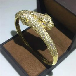 14K Gold Leopard Head Micro Pave Lab Diamond Bangle Party Engagement Bangles Bracelets for Women Men Wedding Accessaries Mnqur
