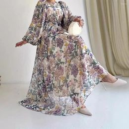 Casual Dresses Elegant Slim Dress Abayas For Women Summer Long Sleeve Chiffon Printed Flower O- Neck Dubai High Waist Clothing