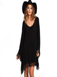 Women Ladies Casual Loose Long Sleeve Tassel Black Party Dress Vestidos Summer Boho Beach Maxi Sun Dresses Plus size1930492