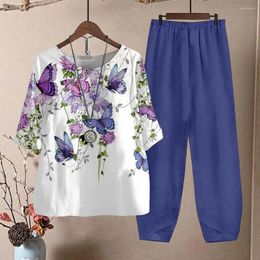 Women's Two Piece Pants Print Casual Outfit Floral Homewear Set Stylish Round Neck Top Wide Leg For Comfortable Pyjamas Sleepwear