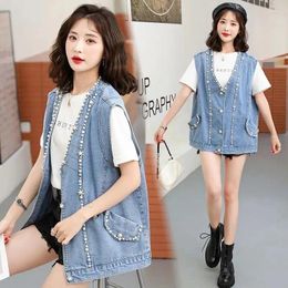 Women's Vests 2024 Summer Heavy Beading Denim Tank Top Sleeveless Cutting Street Clothing Jeans Jacket Korean Fashion Outwear