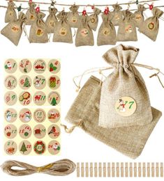 Gift Wrap 24 Sets Christmas Bags Burlap Bundle Pocket Advent Calendar Candy With Stickers Clips2491264