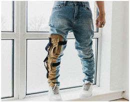 Высококачественные винтажные промытые тонкие джинсовые джинсы khaki Pocket Patch Patch Packess Biker Jeans Восемь карманов стиль Y190605015270963