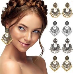 Hoop Earrings Exaggerated Pearl Retro Ethnic Alloy Small Bell Pendant Tassel For Women