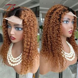 Lace free front wig Ombre Jerry curly middle part Remy human hair wig 1B 30 ginger transparent 4x1 T lace closure Bobbi 240520